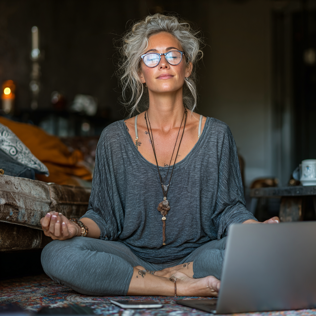 Woman in her forties practicing yoga at home with laptop, comfortable living room setting, focused and relaxed